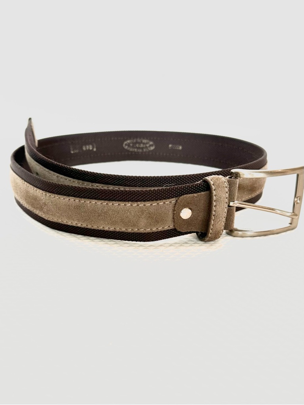 Aponte Italian Made Tan Taupe Suede Trimmed Belt‎ in Dark Brown Silver Buckle